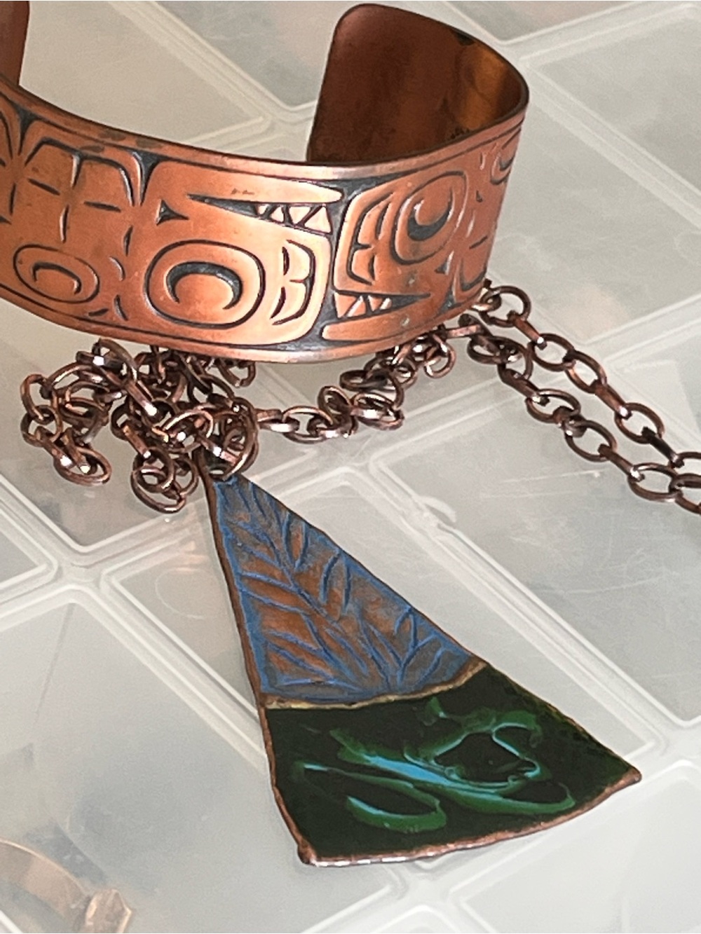 Copper Cuff Bracelet with Green & Blue Enamel Copper Pendant Necklace
